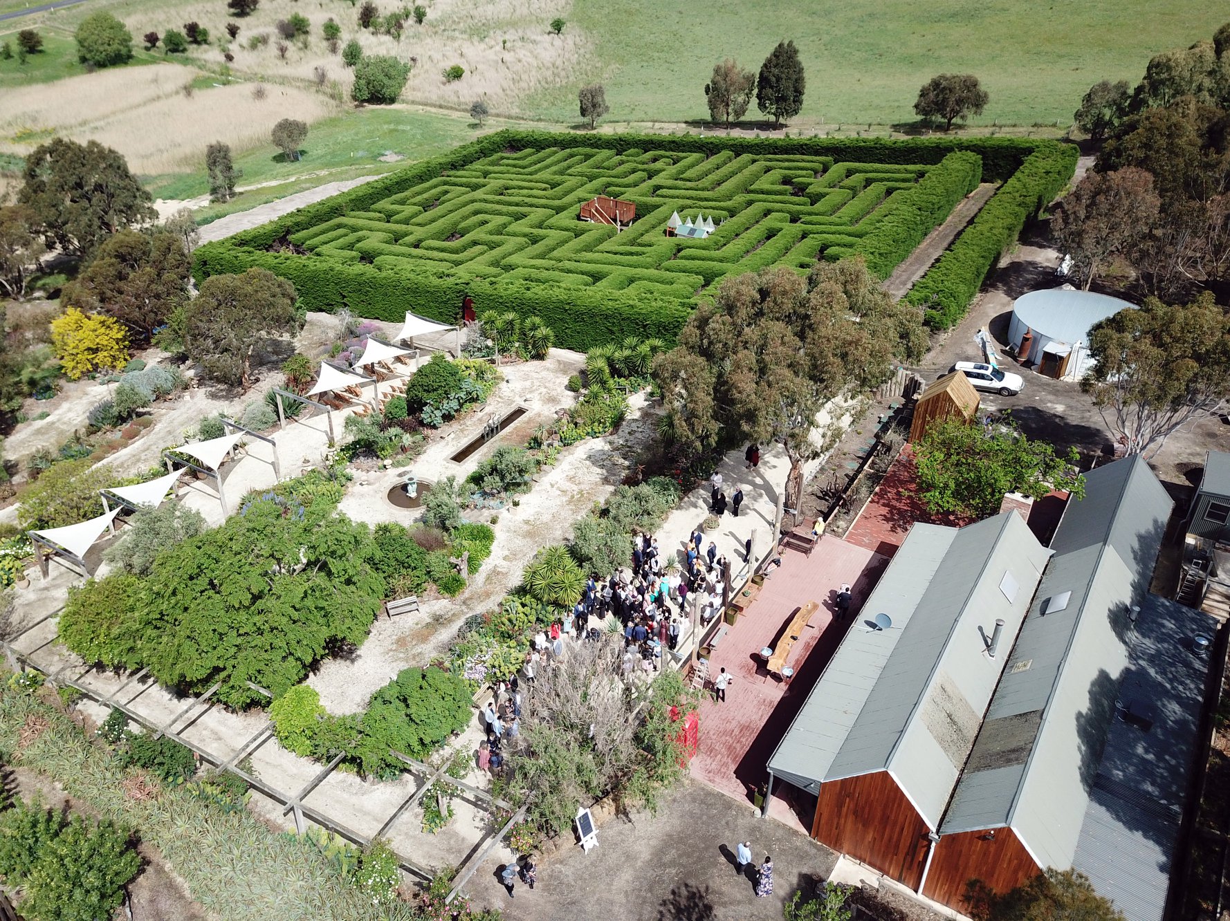 Aerial photo of cafe, maze and gardens